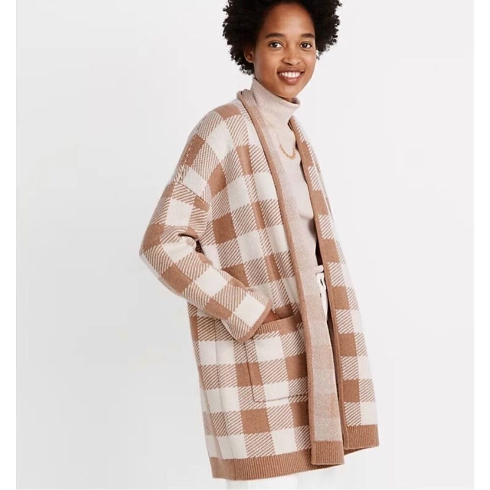 Madewell Minetta Sweater Coat Cardigan XS Open Front Buffalo check Cream Tan Poc